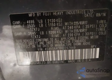 2017 Subaru Outback 2.5I from USA, damaged, VIN 4S4BSAAC8H3257849